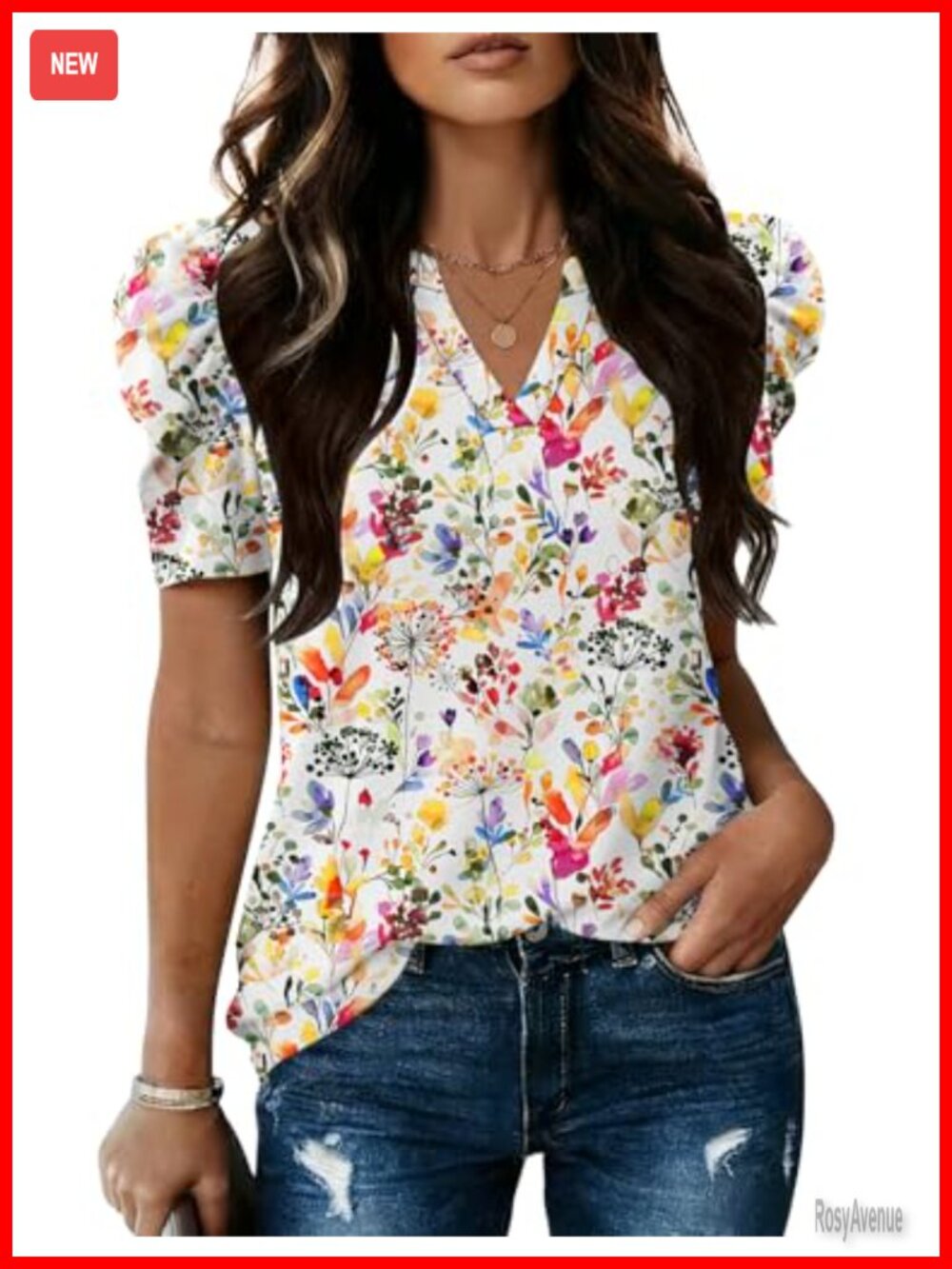 Womens V Neck Puff Sleeve Blouse Short Sleeve Floral Spring Summer Work Top